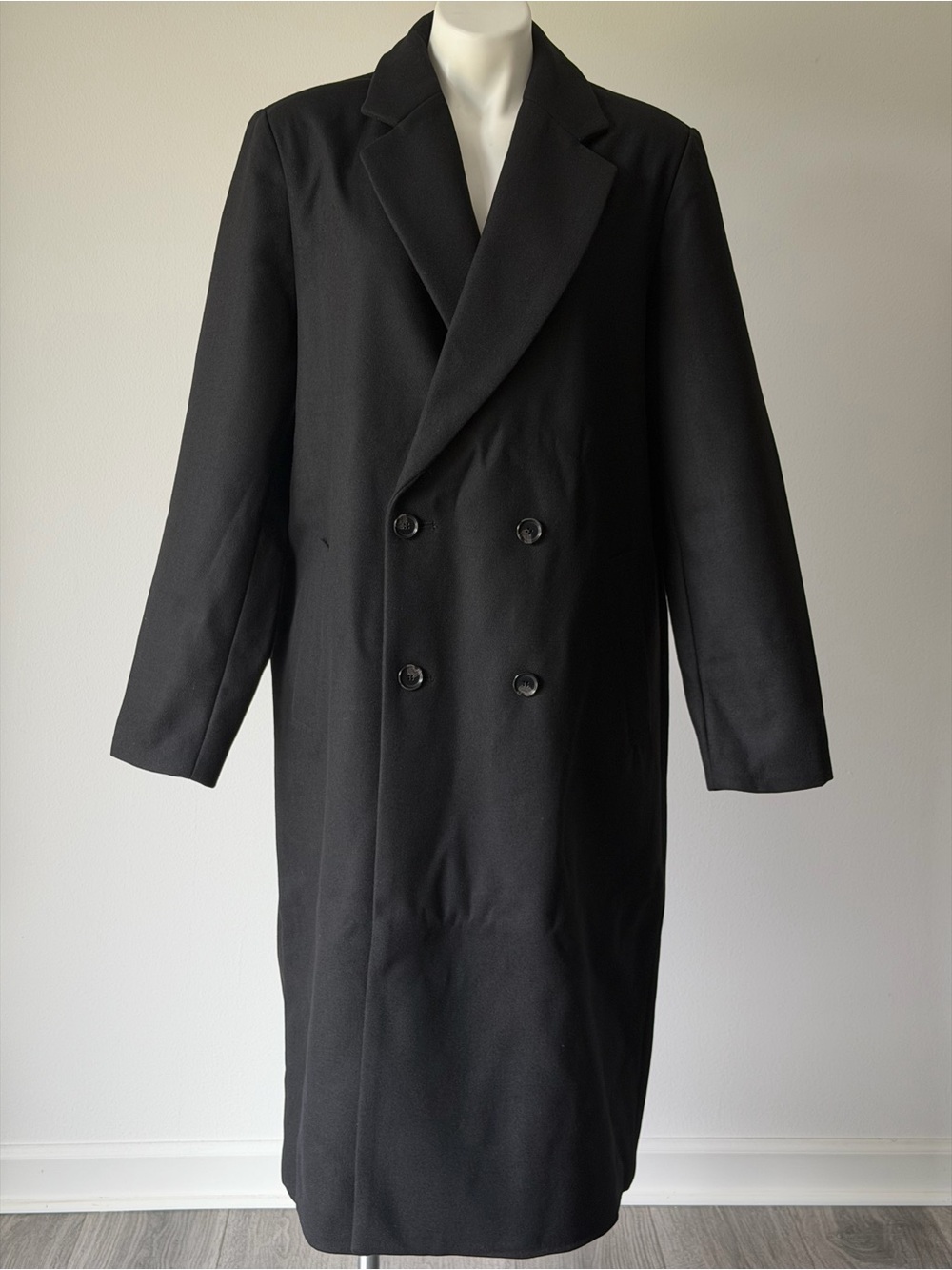 Double-Breasted Relaxed Fit Longline Peacoat -Black
